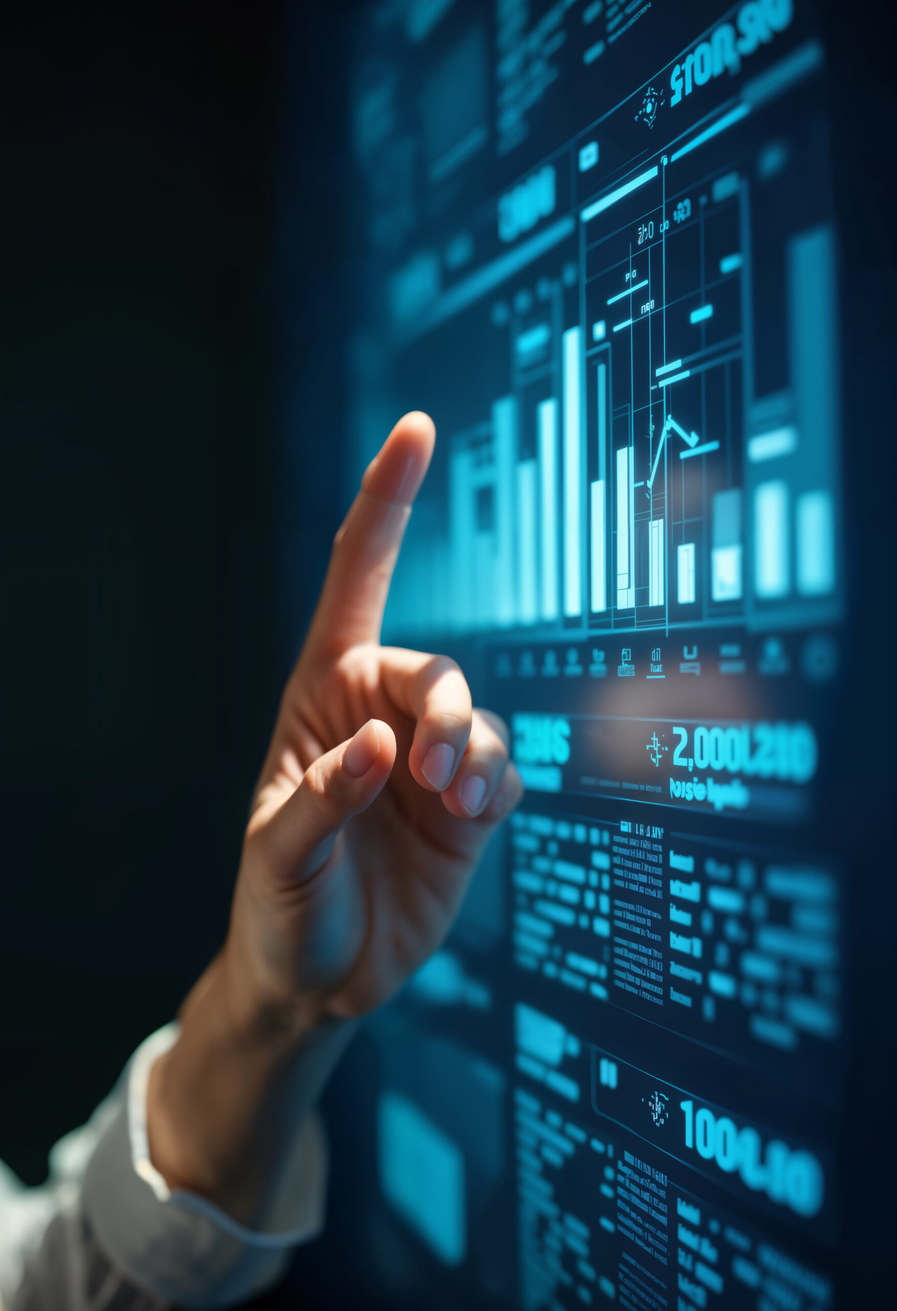 Analítica inmobiliaria avanzada: mano interactuando con un tablero digital de datos y gráficos predictivos para el sector construcción