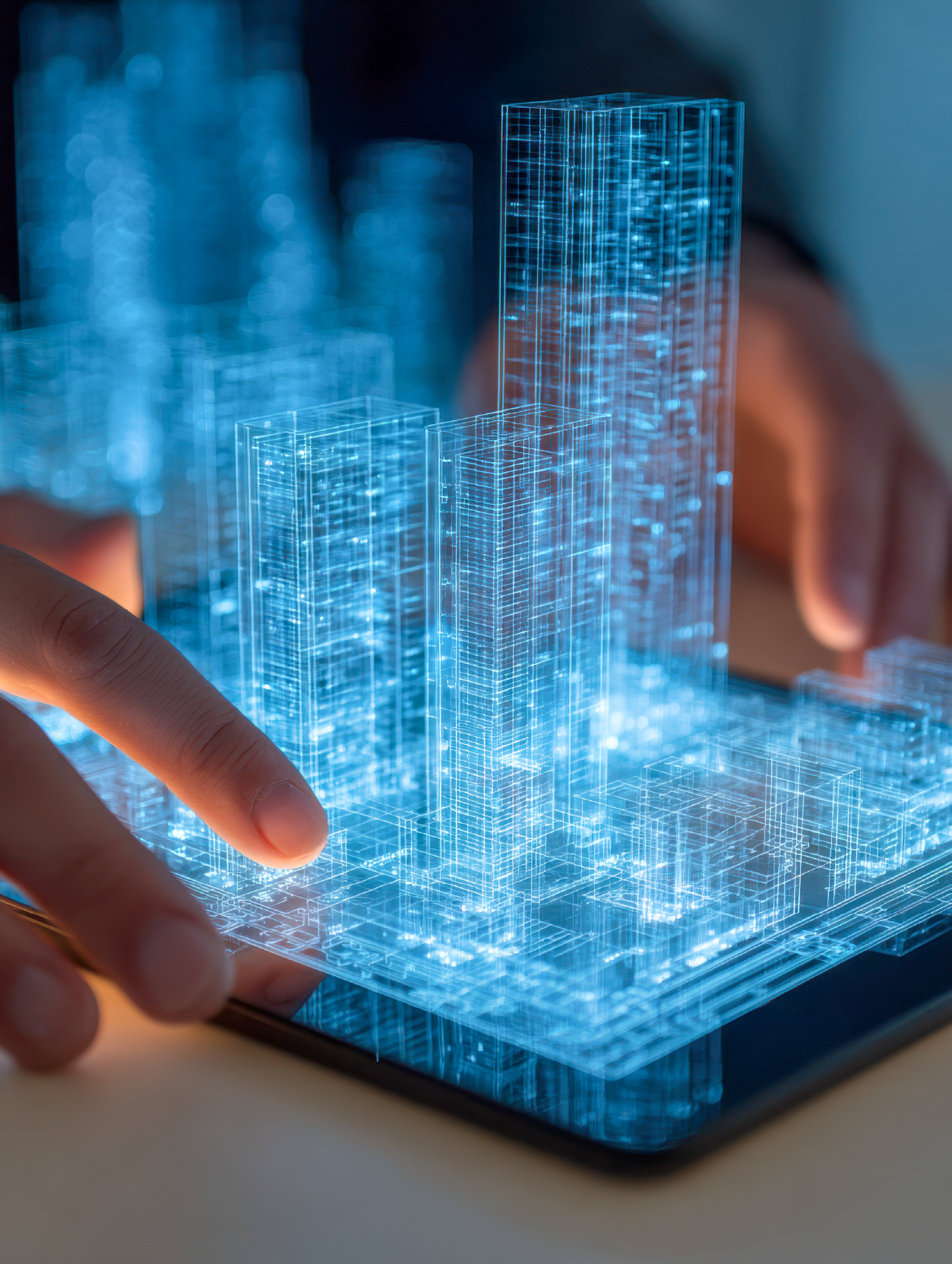 Manos interactuando con una proyección holográfica 3D de un desarrollo inmobiliario sobre una tableta, ilustrando la planificación digital de proyectos de construcción.