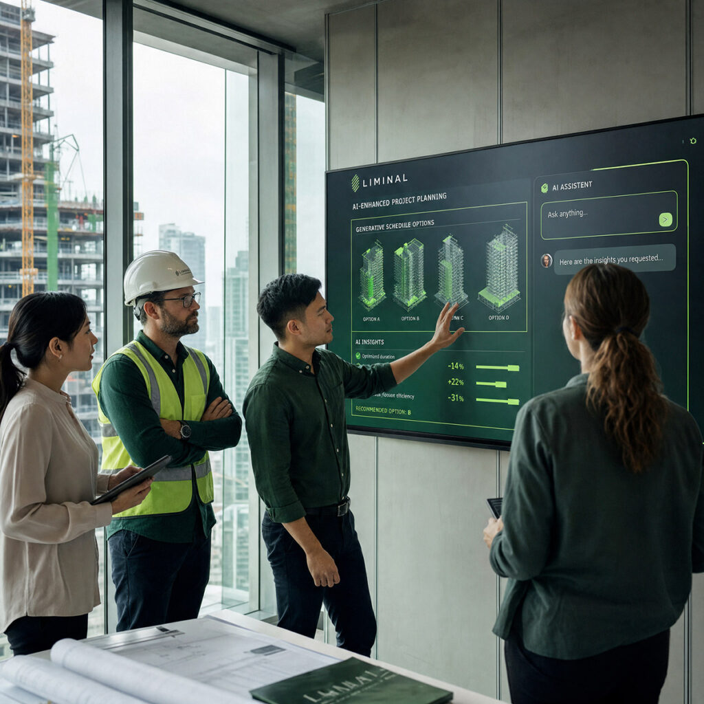 Equipo de trabajadores del sector de la construcción y el desarrollo inmobiliario trabajando de forma colaborativa con la inteligencia artificial aplicada a la gestión de proyectos